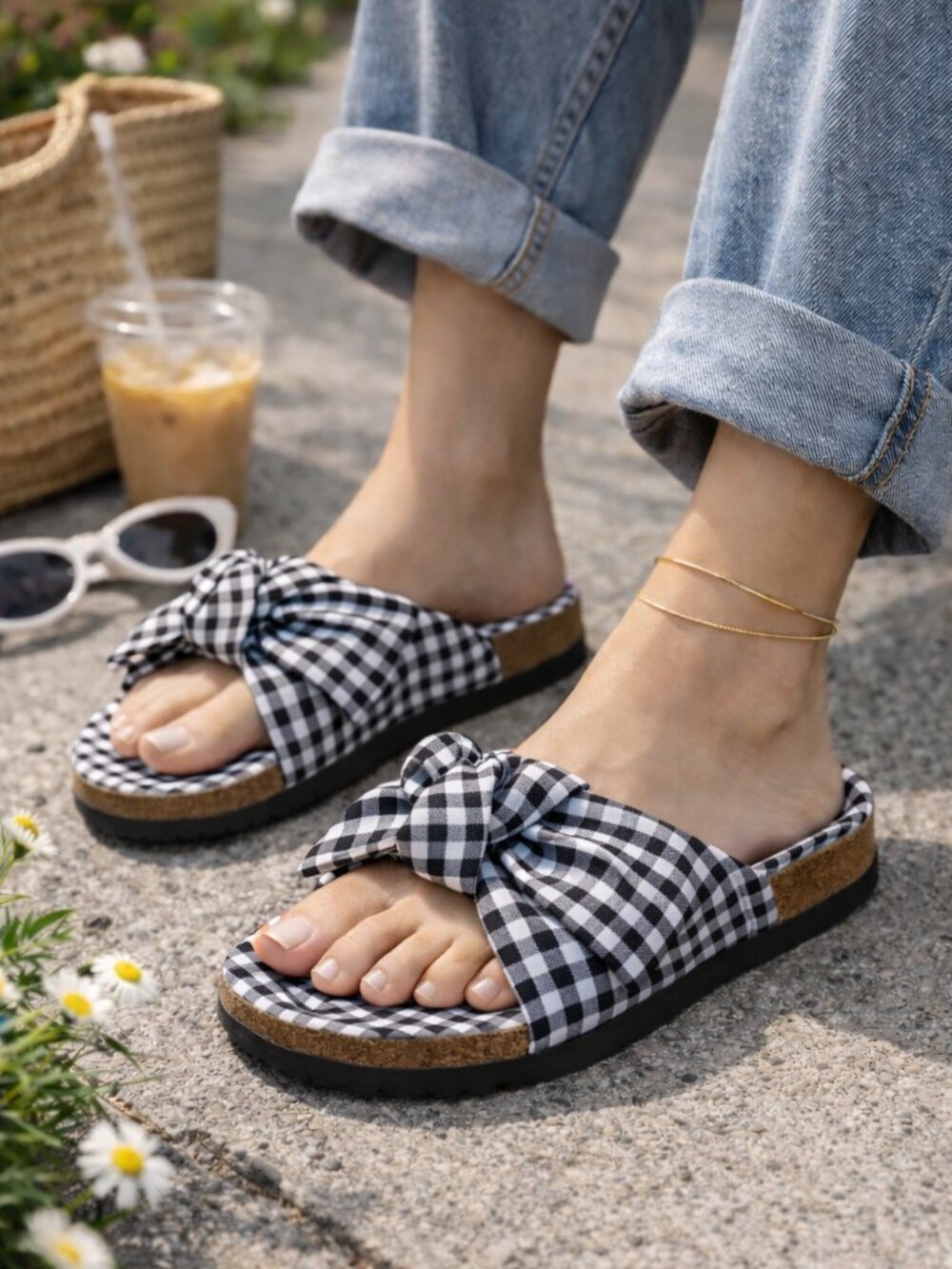 Black Picnic Gingham Bow Slide Sandals